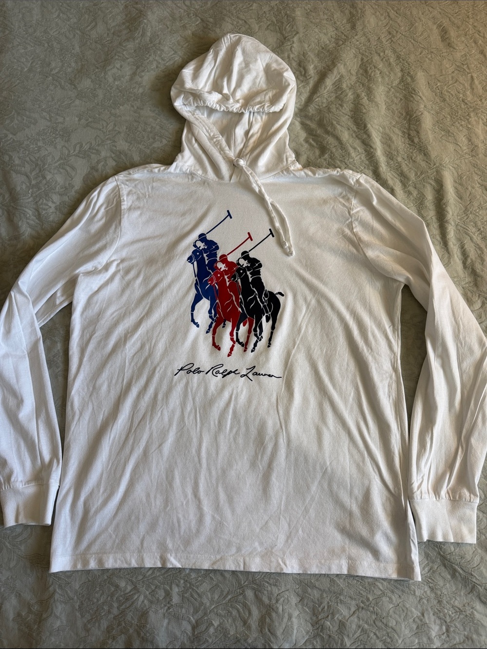 Polo by Ralph Lauren White Hoodie with Red, Blue & Black Polo Player Graphic